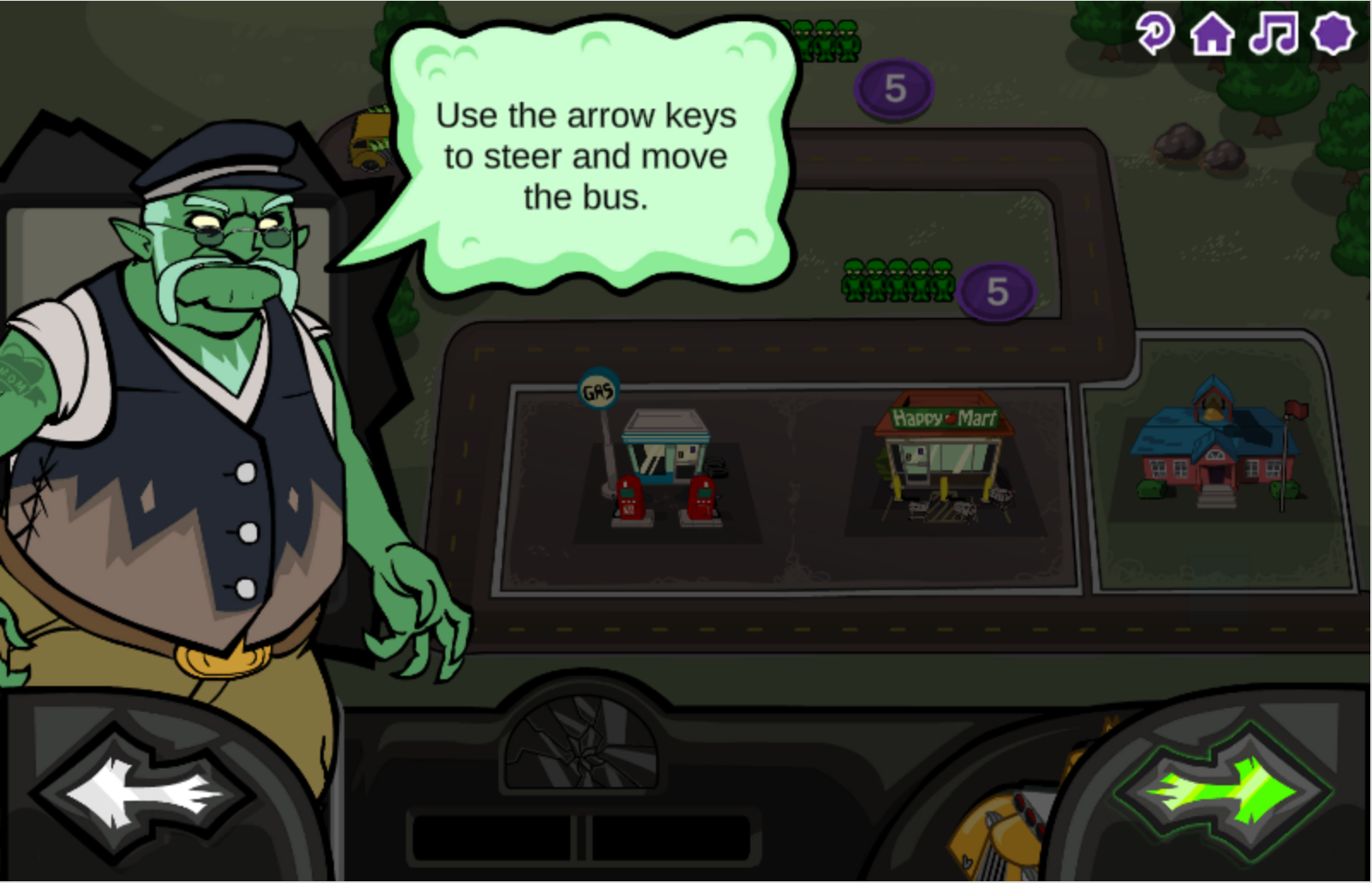 Monster School Bus screenshot of the character explaining how to drive by using the arrow keys